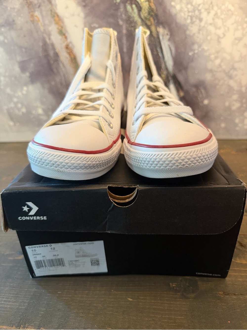 Converse High-Top Sneakers in White with Red Stripe leather